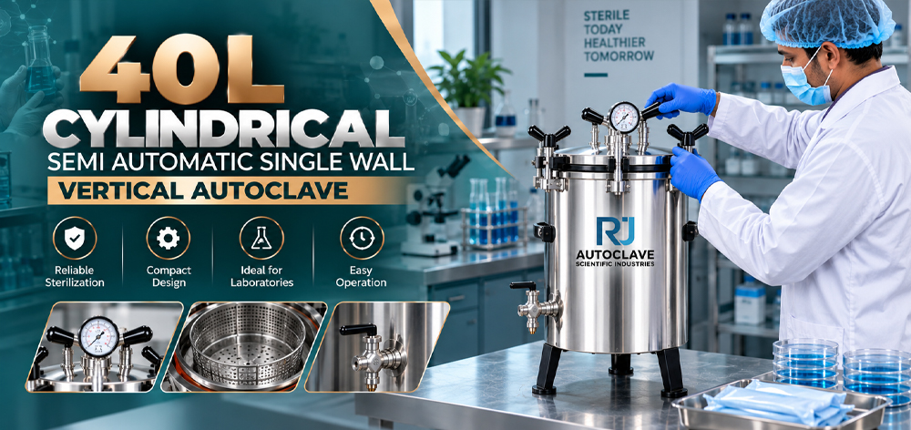 40L Cylindrical Semi Automatic Single Wall Vertical Autoclave